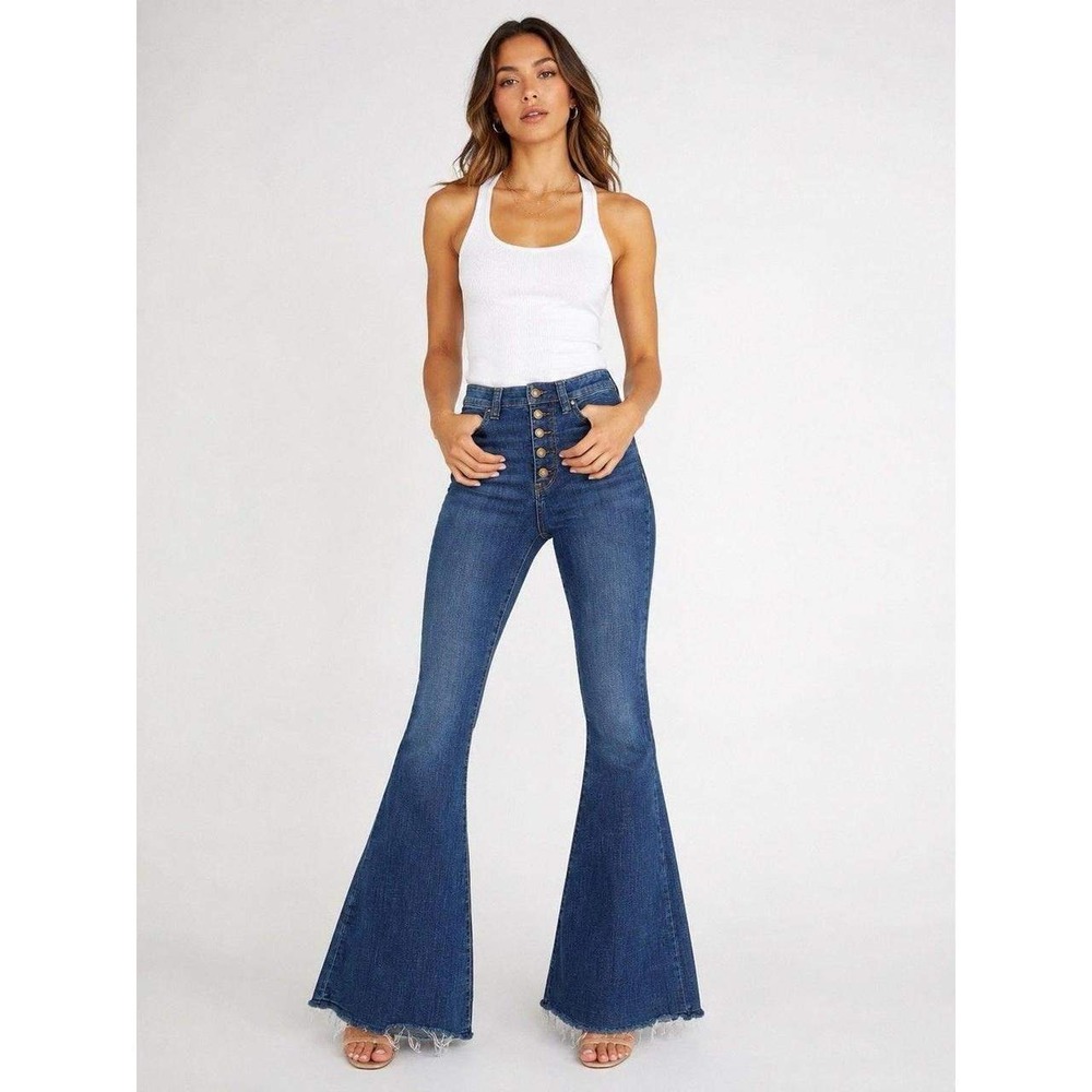 Free People Jeans Womens 30 Blue Just Float On Flare High Rise Raw Hem Stretch